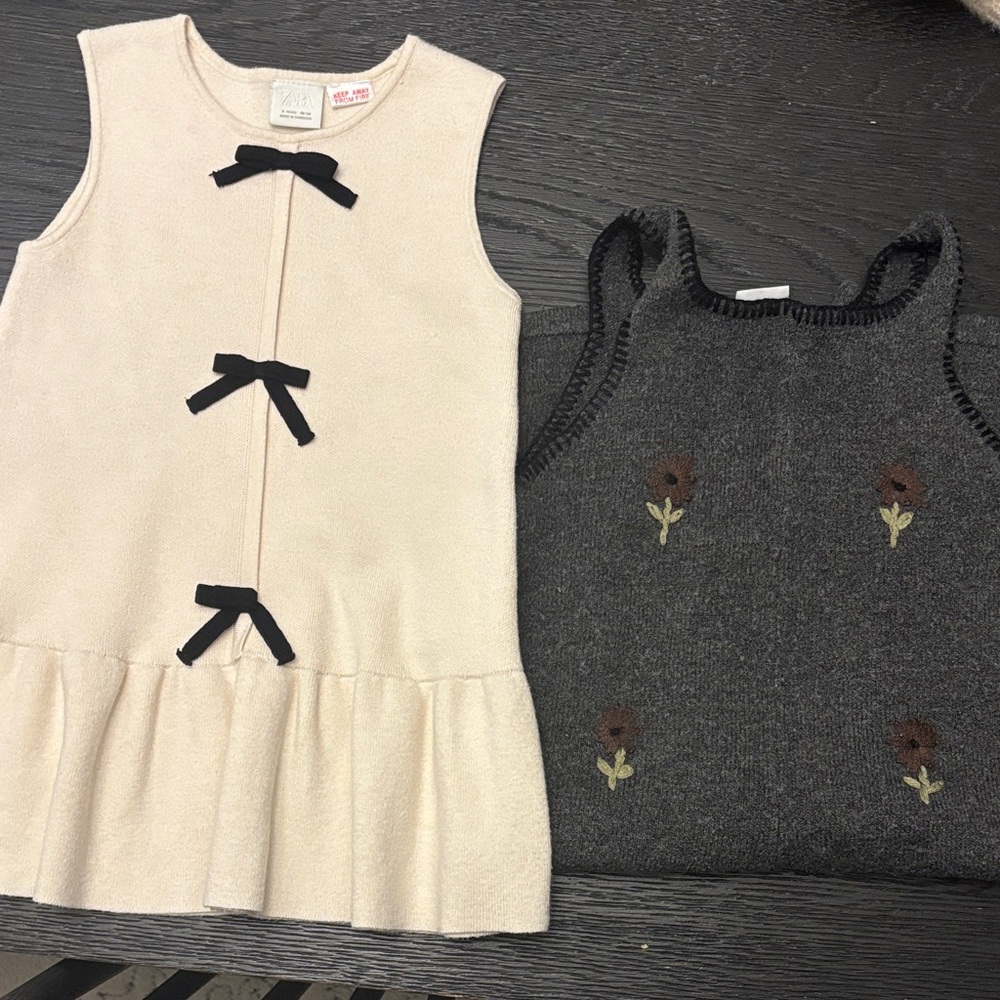Cream Sleeveless Dress with Black Bows + Charcoal Knit Floral Tank